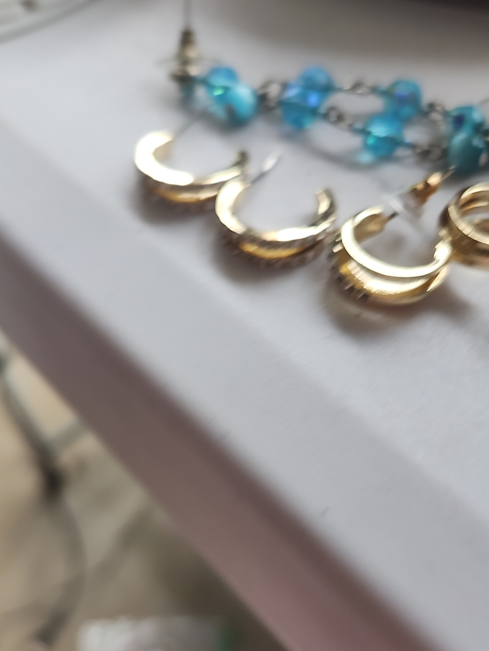 Gold Tone Hoop Earrings with Blue Bead Accent 3 Pair